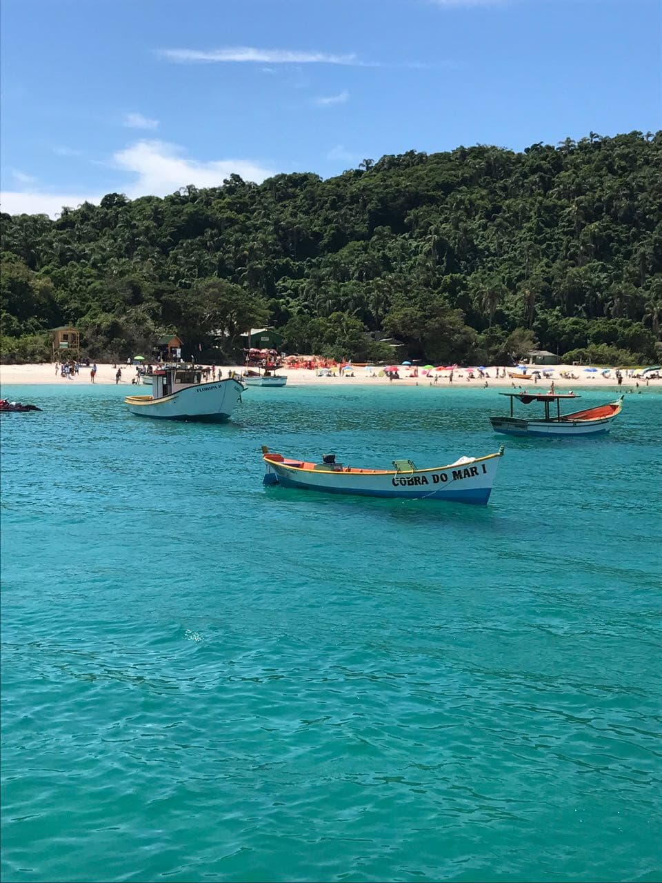 Barcos ancorados nas águas turquesa da Ilha do Campeche